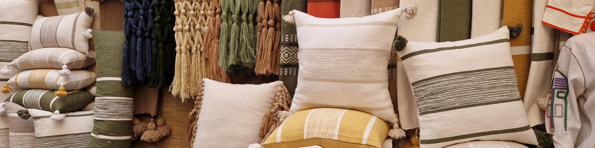Coloured cushion covers and textiles with various patterns