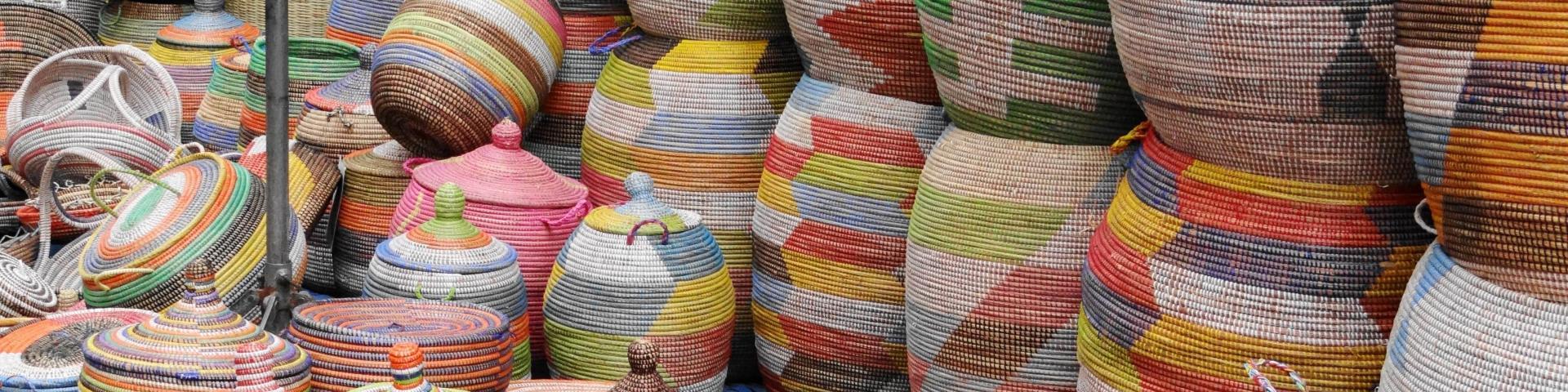Colourful baskets piled in front and on top of each other