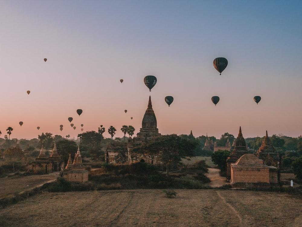 Hot air balloon rides over the ancient city of Bagan, Myanmar