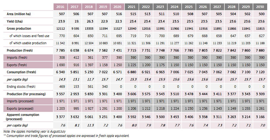 EU apples market balance (1,000 tonnes fresh equivalent)