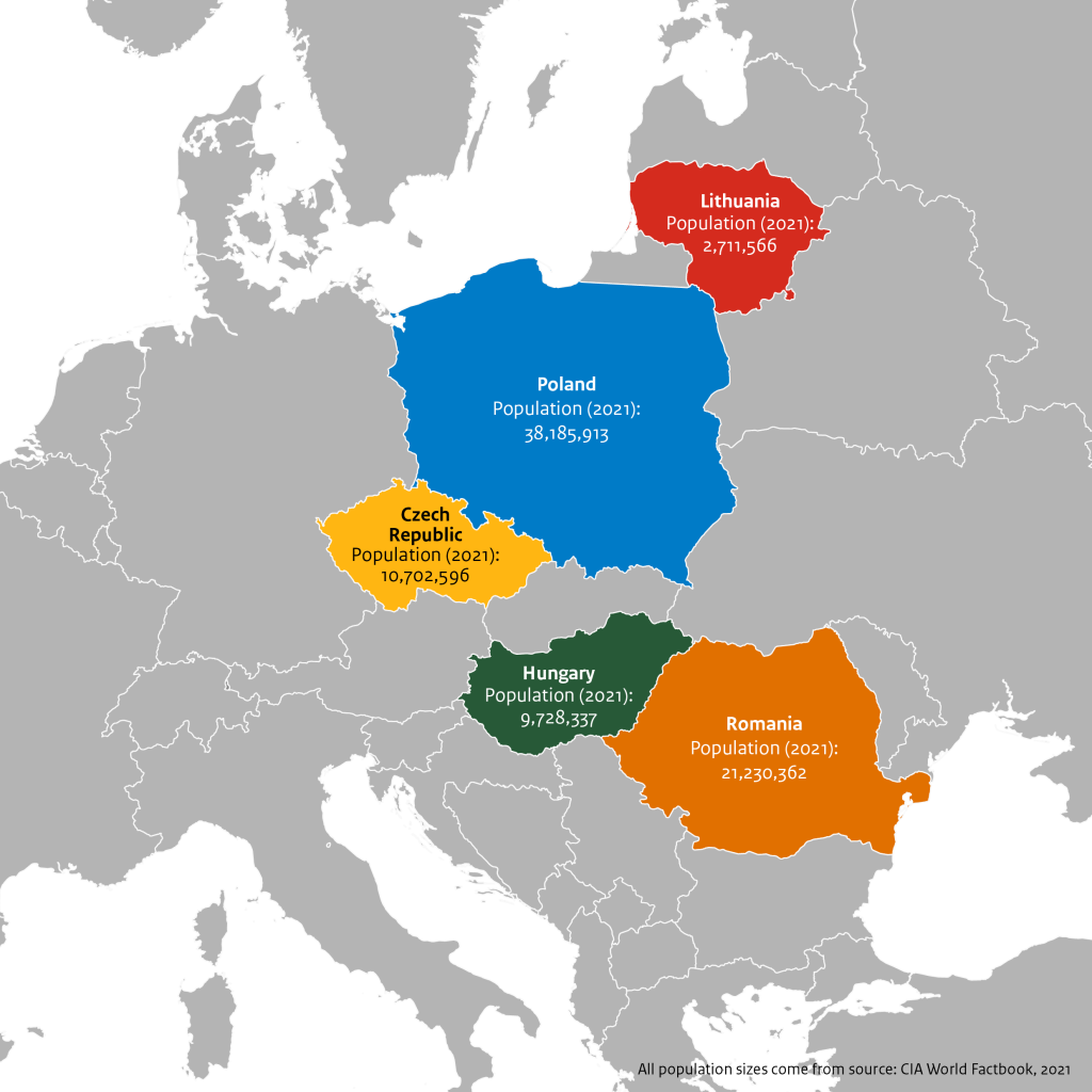 Map of Eastern Europe and Populations of Czech Republic, Hungary, Lithuania, Poland and Romania, 2021