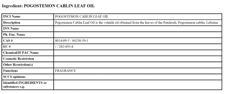 CosIng entry for patchouli oil