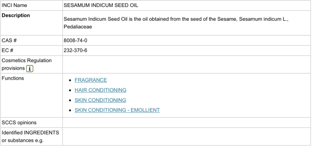 CosIng entry for sesame seed oil