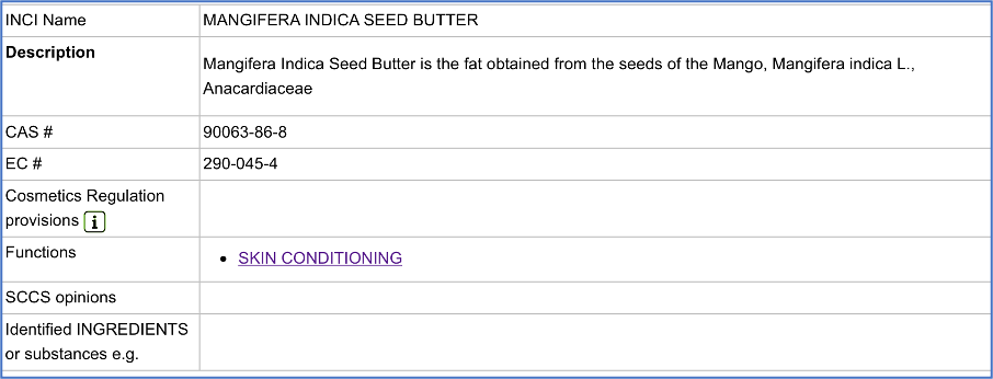 CosIng entry for mango butter