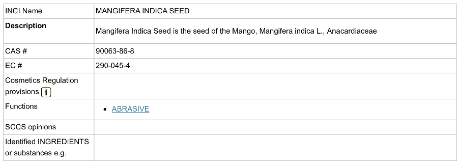 CosIng entry for mango seed