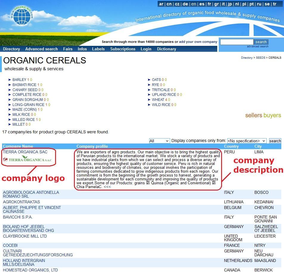 Example of presentation in Organic-bio.com