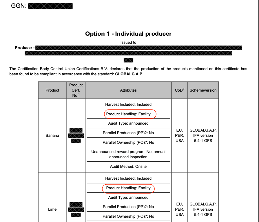 Example of GLOBALG.A.P certification with product handling facility