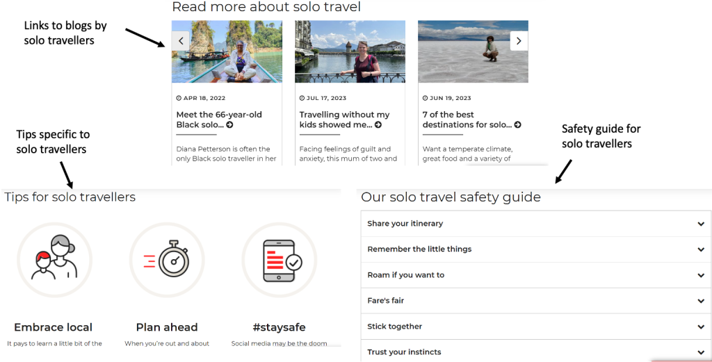Example of information provided to solo travellers