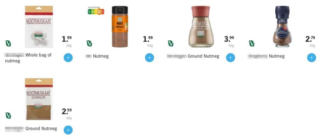 Retail packaging varieties of nutmeg offered by a Dutch mainstream supermarket 