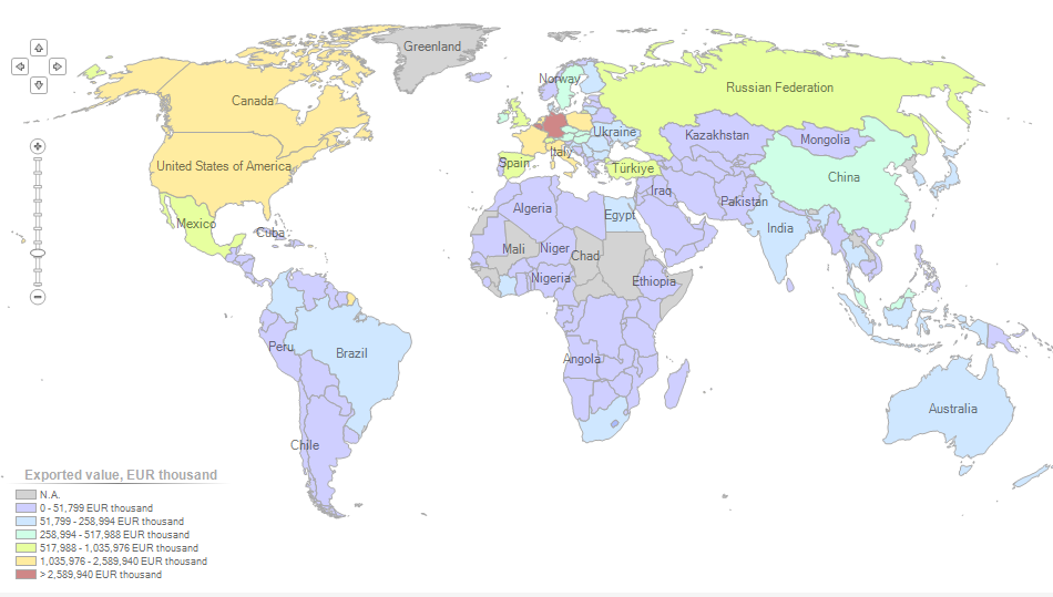 2022 export value of countries exporting chocolate and other food preparations containing cocoa (product code 1806)