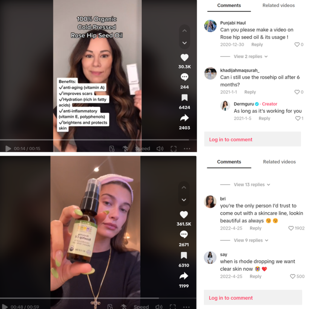 Examples of influencers promoting rosehip oil on social media