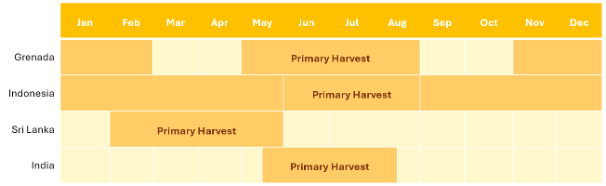 Harvest calendar for mace per mace-producing country