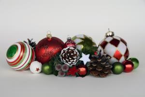 Collection of matching baubles within the traditional colour scheme