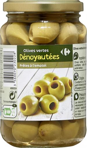 Carrefour private label of green pitted olives in France