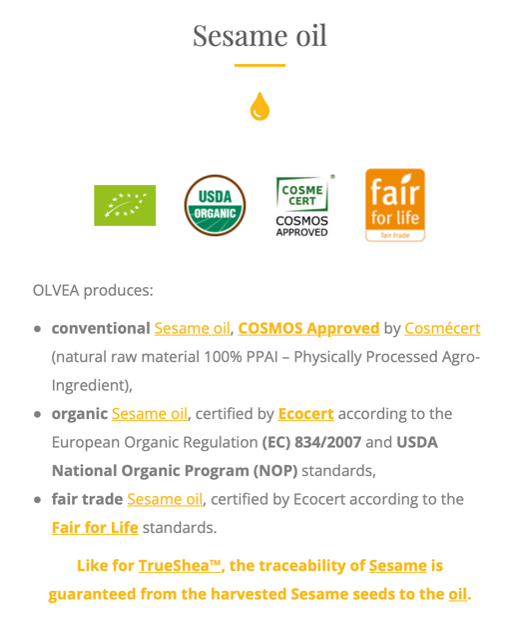 Olvea certifications for sesame seed oil
