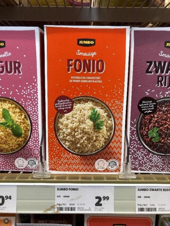 Fonio as private label brand in a Jumbo supermarket in the Netherlands