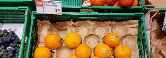 Fairtrade-certified oranges in a mainstream supermarket in Switzerland, July 2023