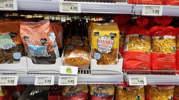 different types of pasta in a German supermarket