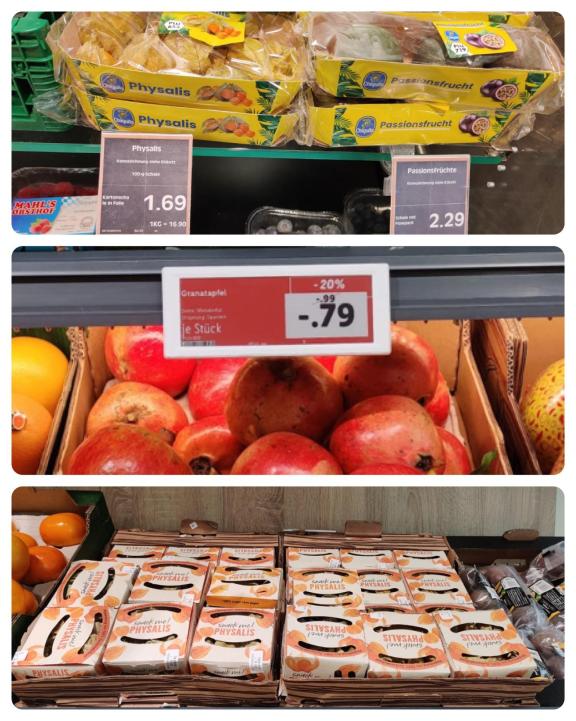 Pomegranates, physalis and passion fruit at German supermarkets (Feneberg and LIDL)