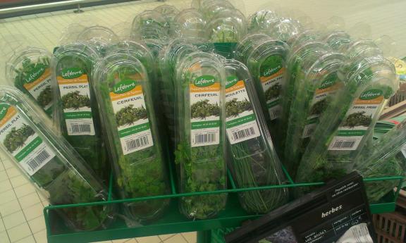 Example of freshly packed herbs in a French supermarket