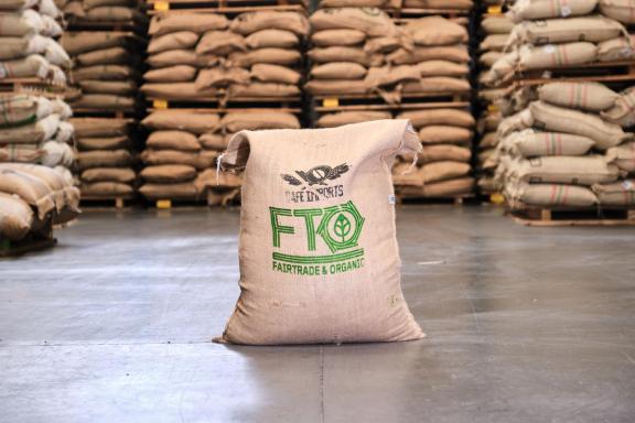 Fairtrade Organic coffee bag in a warehouse