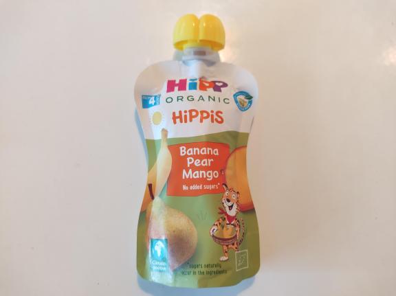 Organic baby food with mango puree produced by Hipp