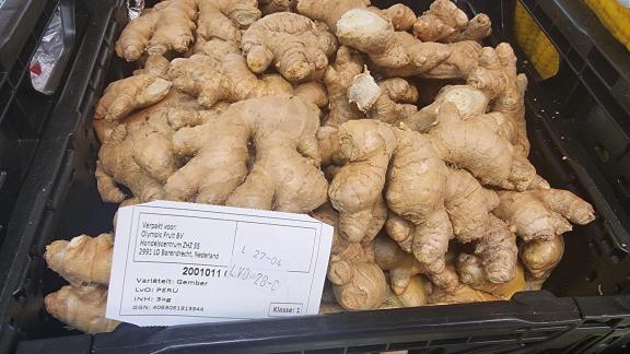 Peruvian fresh ginger, for sale in a supermarket in the Netherlands