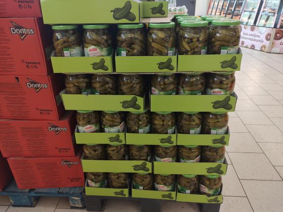 Pickled cucumbers and gherkins on display in retail outlets