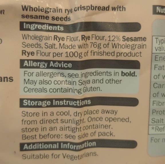 Example of an information label on a consumer product with sesame