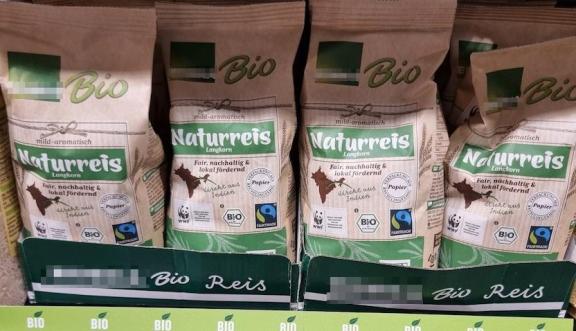 Organic and Fairtrade certified rice in a German supermarket