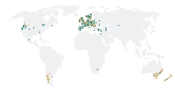 Global distribution of Rosa rubiginosa and Rosa canina in 2024