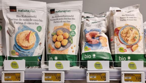 Alternative flours in the Free From section under private label in a Swiss supermarket