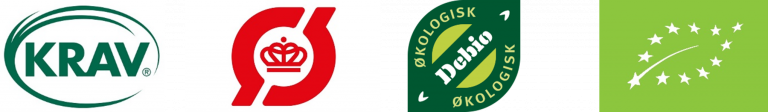 Organic labels from Sweden (KRAV), Denmark (red Ø), Norway (Debio Ø) and the EU logo