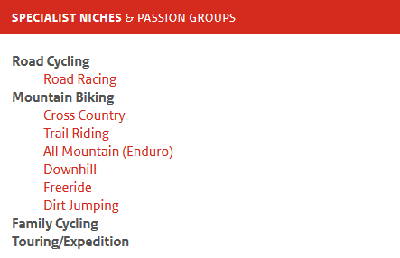 Specialist cycling tourism niches