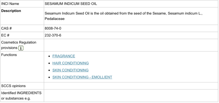 CosIng entry for sesame seed oil