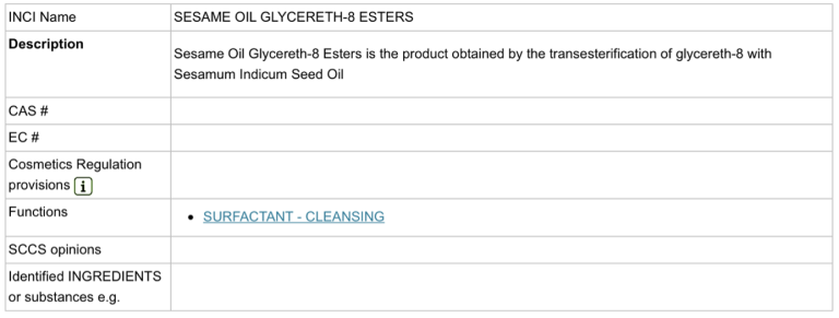 CosIng entry for sesame oil glycereth-8 esters