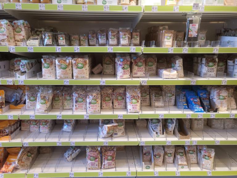 Healthy food section in a small outlet of the German drugstore chain DM