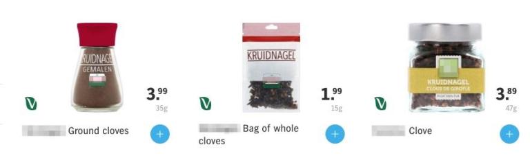 Retail packaging varieties of cloves offered by a Dutch retail chain