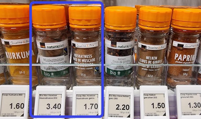 Retail packaging varieties of nutmeg offered by a Dutch mainstream supermarket 