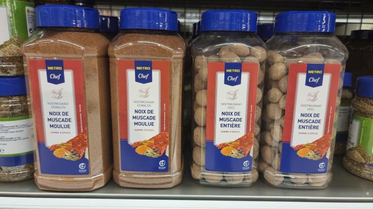 Nutmeg in 0.5 kg jars in a cash-and-carry outlet in the Netherlands