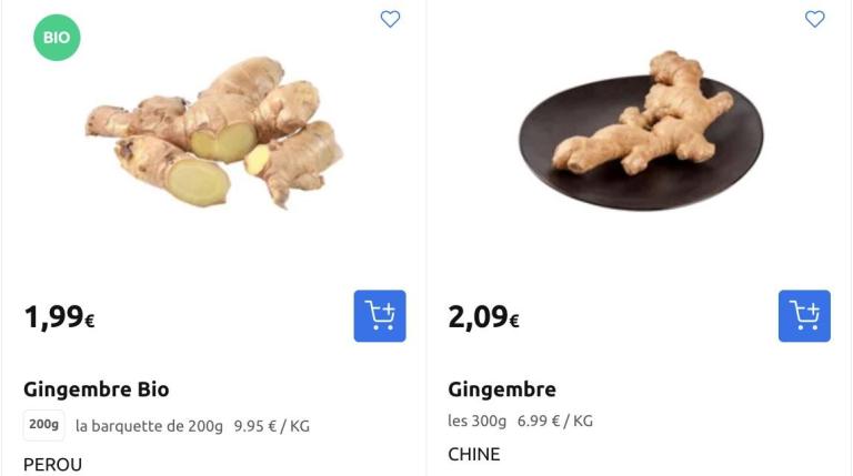 Organic and conventional ginger available in a French hypermarket