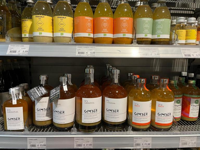 Organic ginger drinks in a Dutch organic supermarket