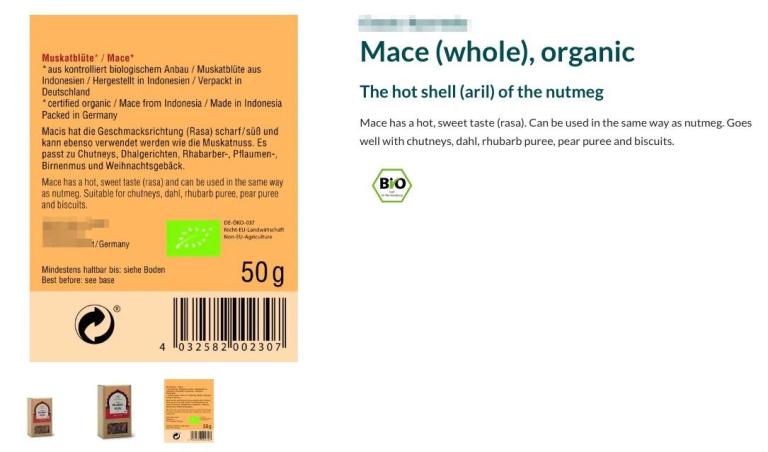 Consumer label of whole mace packed in Germany for the European market