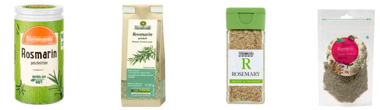 Retail packaging types of dried rosemary in different European markets